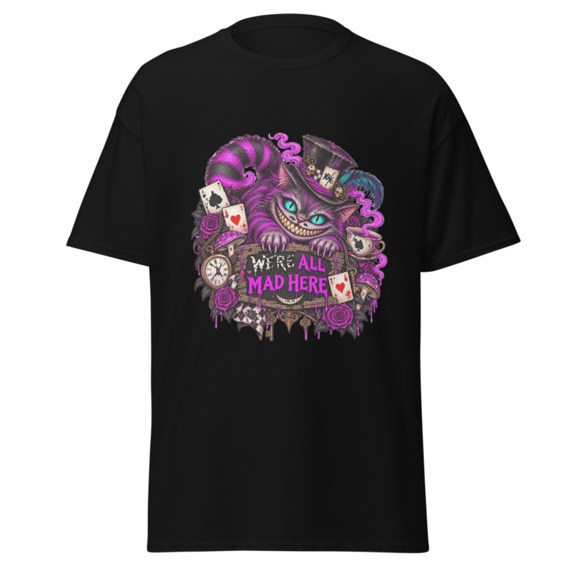 Camiseta negra con el diseño Gato Cheshire de Look by Lau